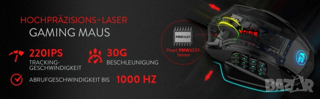 Геймърска мишка Redragon M908 IMPACT RGB LED MMO с лазерен кабел, 12 400 DPI, снимка 11 - Клавиатури и мишки - 53542068