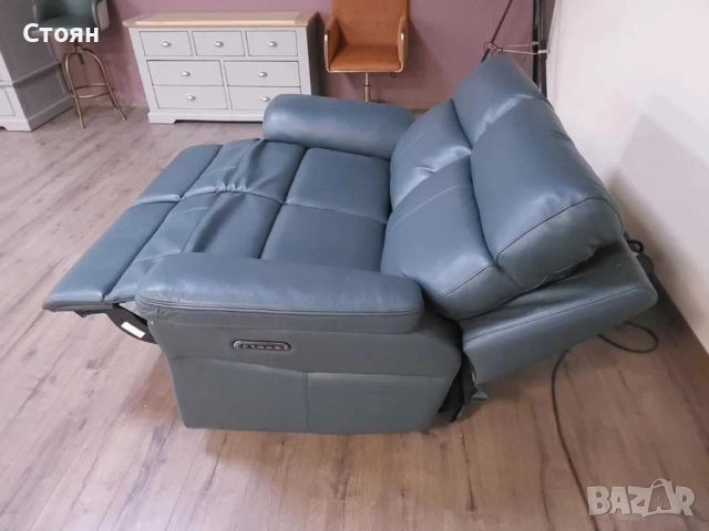 Синьо - зелен кожен диван двойка с ел релакс механизъм La-z-boy, снимка 2 - Дивани и мека мебел - 51955388