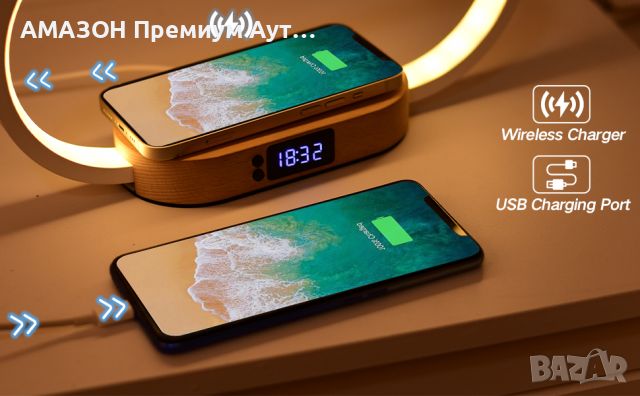 Нощна лампа Donewin 10W бързо безжично зареждане/часовник/USB порт/сензорно упр-е/дърво/3 режима, снимка 11 - Лед осветление - 46778829