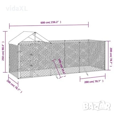 vidaXL Външна клетка за куче с покрив сребриста 6x2x2,5 м стомана（SKU:3190467）, снимка 4 - За кучета - 48735212