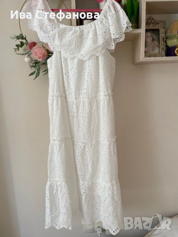 Бяла нова разкошна дълга дантелена елегантна кукленска ажурна рокля ажур 100 % памук памучна, снимка 3 - Рокли - 46405363