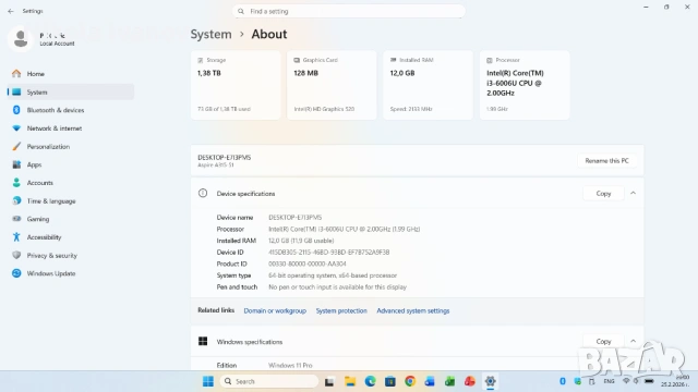 Лаптоп Acer Aspite 3 15.6 инча | Intel i3 6006U 2x2.00 Ghz|12GB RAM|512GB SSD + 1TB HDD | Windows 11, снимка 10 - Лаптопи за дома - 53649887
