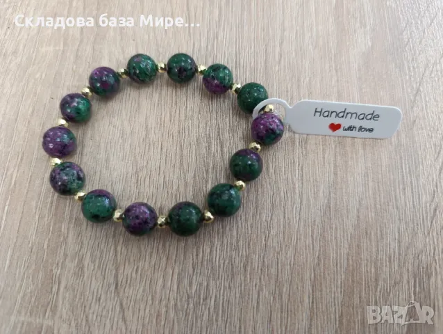 Гривна от естествени камъни Цоизит с рубин (Аниолит), Ластична корда, Ръчна изработка, снимка 1