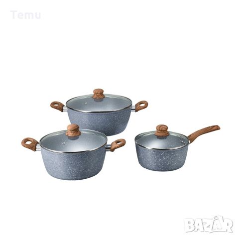 Комплект съдове за готвене с незалепващо мраморно покритие и дървени дръжки, 7 части, снимка 1 - Съдове за готвене - 45826804