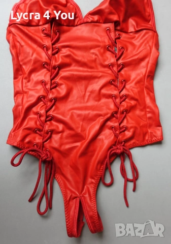 Ann Summers XS/S (UK 8-10) червено боди с кожен ефект и отворено дъно, снимка 2 - Бельо - 53841889