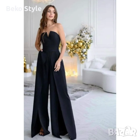 Стилен гащеризон с презрамки тип бюстие БЯЛО ЧЕРНО ЧЕРВЕНО