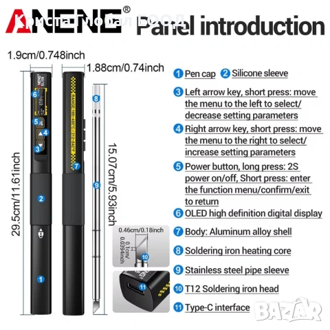 Смарт поялник ANENG SL108 – 96W, T12 човка, PD/QC бързо зареждане, снимка 6 - Други инструменти - 53390129