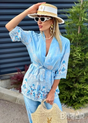 ⚜️Луксозен сатениран сет от риза , тип кимоно и панталон , снимка 3 - Комплекти - 51926434