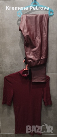 Комплект от Клин от екокожа и Поло от релефен трикотаж с къс ръкав