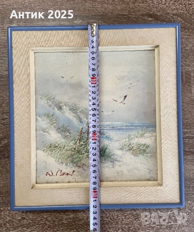 Винтидж морска картина „Дюни край морето“, с авторски подпис, средата на ХХ век, снимка 6 - Антикварни и старинни предмети - 52905821