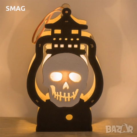 Halloween / Хелоуин дървена настолна декоративна светеща фенерка с череп, 10.5x18cm_1244370