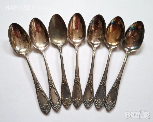 СССР - Сервиз руски посребрени лъжички чай кафе 7 броя мелхиор сребро Луксозни , снимка 4 - Други ценни предмети - 53964601