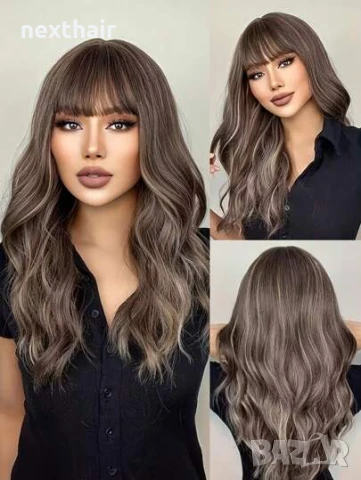 Къдрава перука с бретон микс кафяво и сиво, снимка 1