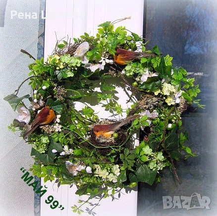 Пролетен венец с врабчета, снимка 2 - Декорация за дома - 53256634