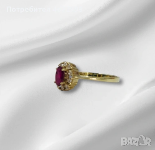 Ръчно изработен златен пръстен 14к с рубин и диаманти, снимка 4 - Пръстени - 53253904
