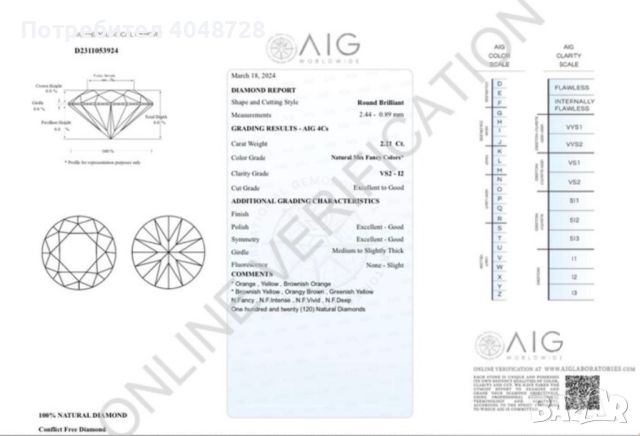 Естествени инвестиционни Диаманти 2.21ct. - Fancy/VS2-I2 - AIG Сертификат, снимка 4 - Други - 45914034