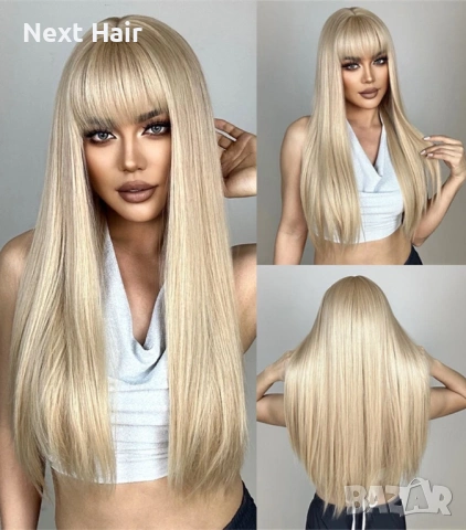 Права перлено руса синтетична перука с бретон 65 см