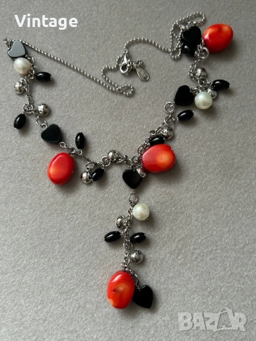 Луксозно уникално сребърно колие с естествени камъни корали, оникс и перли , снимка 3 - Колиета, медальони, синджири - 54023424