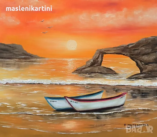 Морски залез,лодки и скали маслена картина 