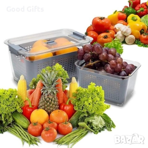 Комплект 2 броя Контейнери за Съхранение с Кошница за Отцеждане – Свежест и Ред във Вашата Кухня, снимка 3 - Други стоки за дома - 53369176