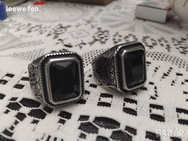 Голям красив мъжки пръстен неръждаема стомана с правоъгълен черен камък, снимка 6 - Пръстени - 52672263