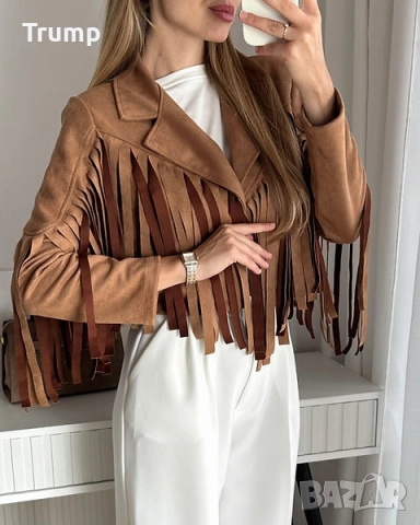 Ефектно скъсено велурено яке, кафяв цвят