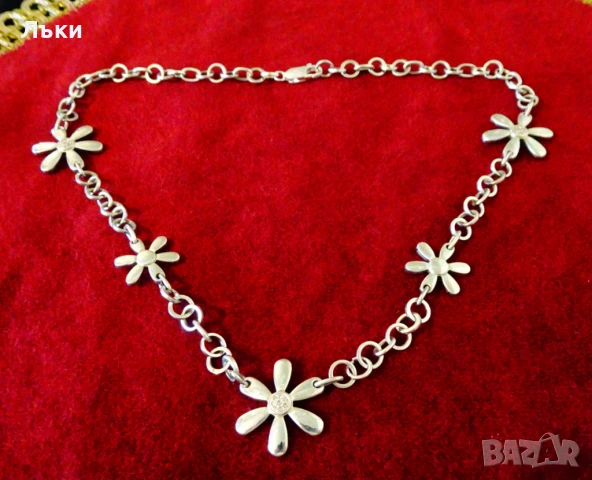 Сребърно колие 925,циркони,цветя,39 грама. , снимка 7 - Колиета, медальони, синджири - 50594336