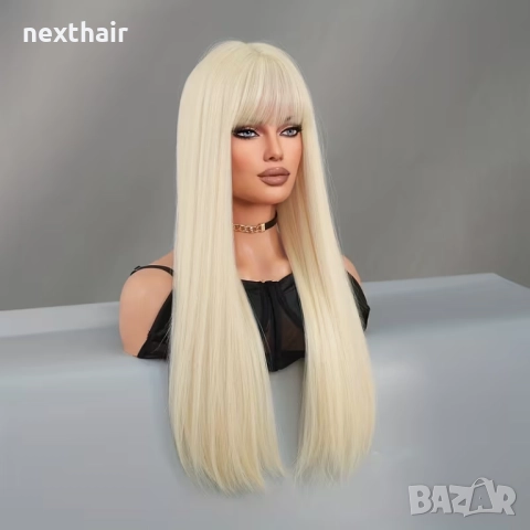 Светло руса права синтетична перука с бретон – 65–70 см, снимка 3 - Аксесоари за коса - 52751551
