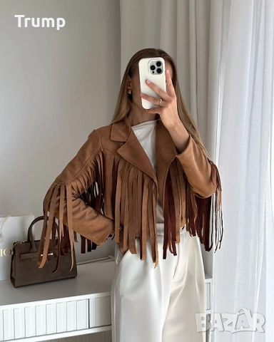 Ефектно скъсено велурено яке, кафяв цвят, снимка 3 - Якета - 52237100