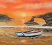 Морски залез,лодки и скали маслена картина , снимка 1