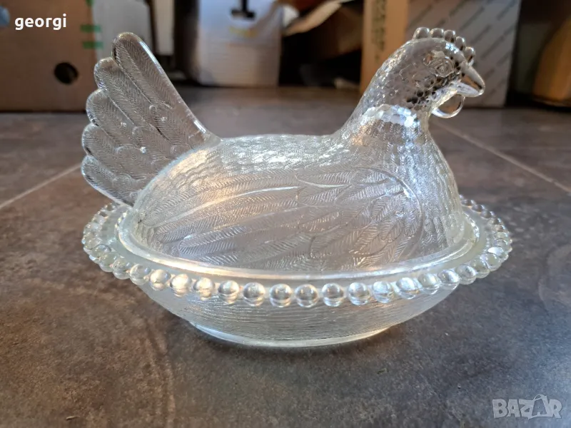 ретро стъклена бонбониера кокошка  7/2, снимка 1