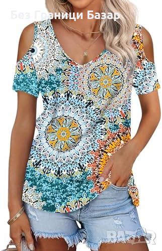 Нова Летна Дамска Тениска Шикозна Блуза с Цветен Дизайн и Открити Рамене Топ, снимка 1