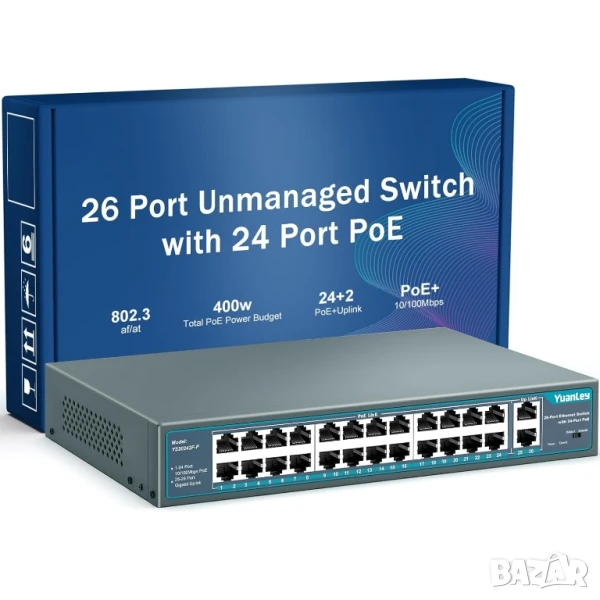 YuanLey 26 порта PoE суич, 24x 10/100Mbps PoE+, 2х 1000Mbps Gigabit, снимка 1