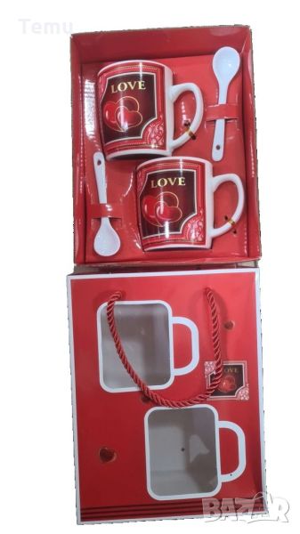 Подарък за Свети Валентин (Деня на влюбените). Две чашки с лъжички и подаръчна кутийка. Модел 6., снимка 1