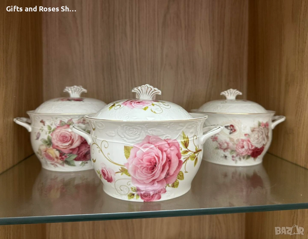 Порцеланови касероли с рози, снимка 1