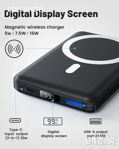 Yiisonger Mag-Safe Power Bank 10000mAh/QI 15W безжично,20W PD/22,5W QC жично зареждане,LED дисплей, снимка 10 - Външни батерии - 49308694