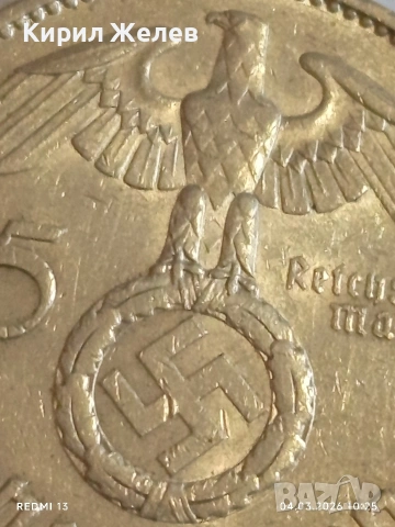 Сребърна монета 5 райхсмарки 1937г. Германия Трети Райх с Свастика за КОЛЕКЦИОНЕРИ 54097, снимка 3 - Нумизматика и бонистика - 53703132