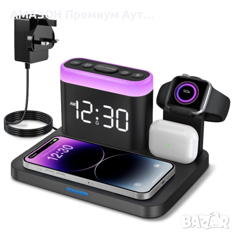 ANJANK 5-в-1 Докинг станция за безжично зареждане с будилник и 7 цвята нощна светлина,iPhone/Samsung, снимка 2 - Безжични зарядни - 44972727