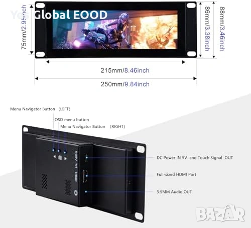 GeeekPi 7.84" 2U Rack LCD Touch 1280x400, снимка 3 - Монитори - 53604233