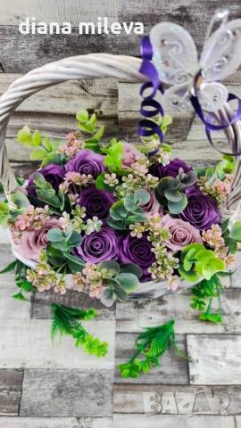 Кошница в лилаво с рози от пластичен сапун!!, снимка 7 - Декорация за дома - 53653950