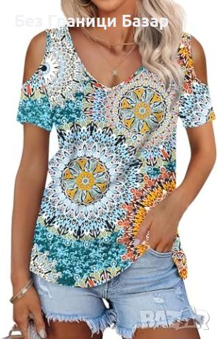 Нова Летна Дамска Тениска Шикозна Блуза с Цветен Дизайн и Открити Рамене Топ, снимка 1 - Тениски - 45496705