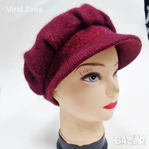 Дамска зимна плетена шапка с козирка и декоративни камъчета, снимка 9 - Шапки - 52675821