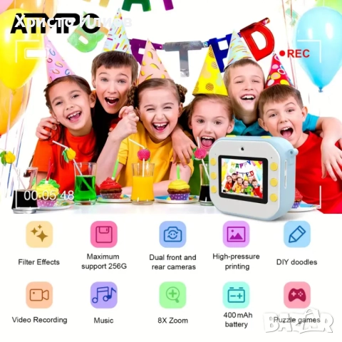 Детски фотоапарат за моментални снимки с принтер и вградени игри Зелен Син Розов, снимка 7 - Фотоапарати - 51455329