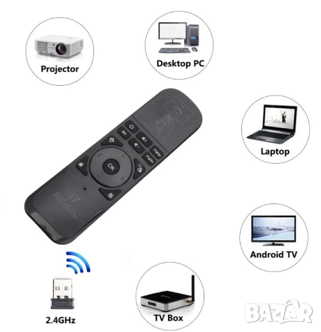 RiiI7 FlyAirMouse SmartTV Дистанционно Въздушна Мишка Жироскоп fControl AndroidTVBox PC MAC PS3 XBOX, снимка 8 - Дистанционни - 52000219