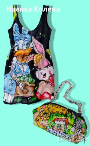 Ръчно рисувана рокля и чанта, снимка 2 - Рокли - 53716599