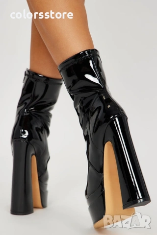 Боти на ток - черен лак - YSV1, снимка 2 - Дамски боти - 36796891