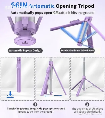 TONEOF 66" Автоматичен Трипод Селфи Стик, снимка 3 - Селфи стикове, аксесоари - 47883498