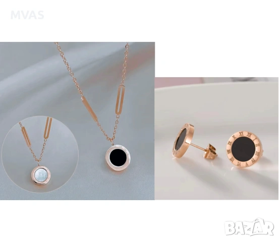 Нови дамско колие + кръгли обеци Zara дизайн черни с розово злато