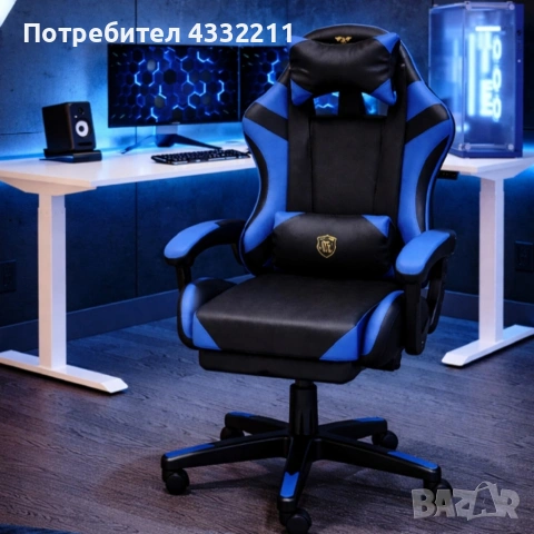 Ергономичен геймърски стол с масажна функция и поставка за крака – черно-син, снимка 2 - Столове - 53455589