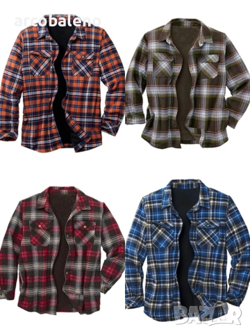 Мъжка карирана поларена риза (яке) с дълъг ръкав и ревер, 4цвята 